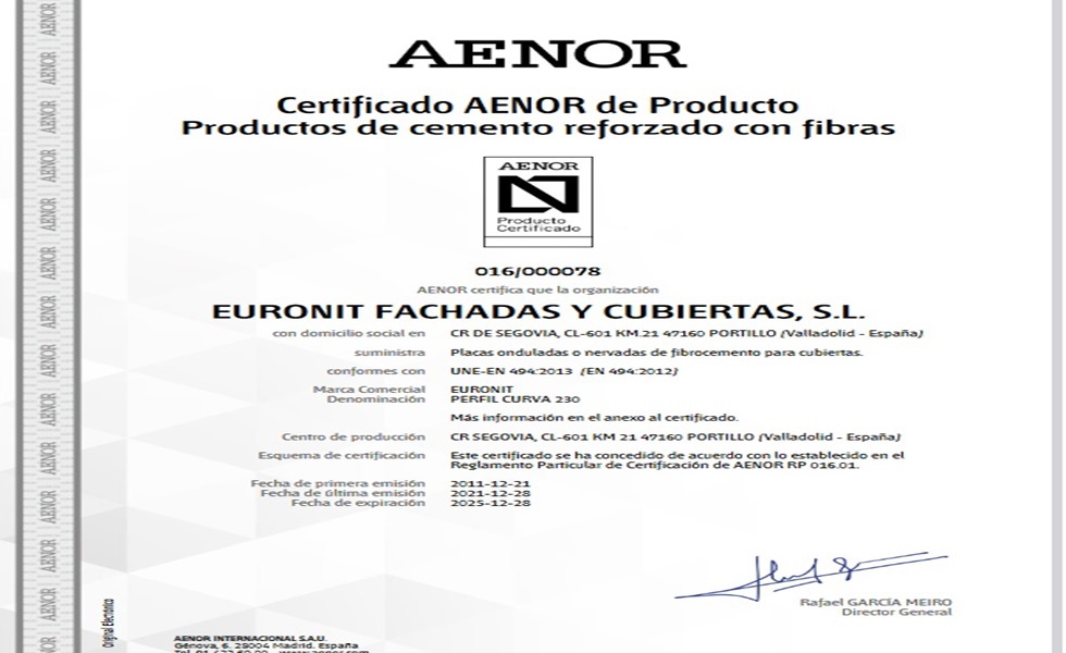 Euronit cuenta con DOPs y certificados que avalan su salubridad y seguridad
