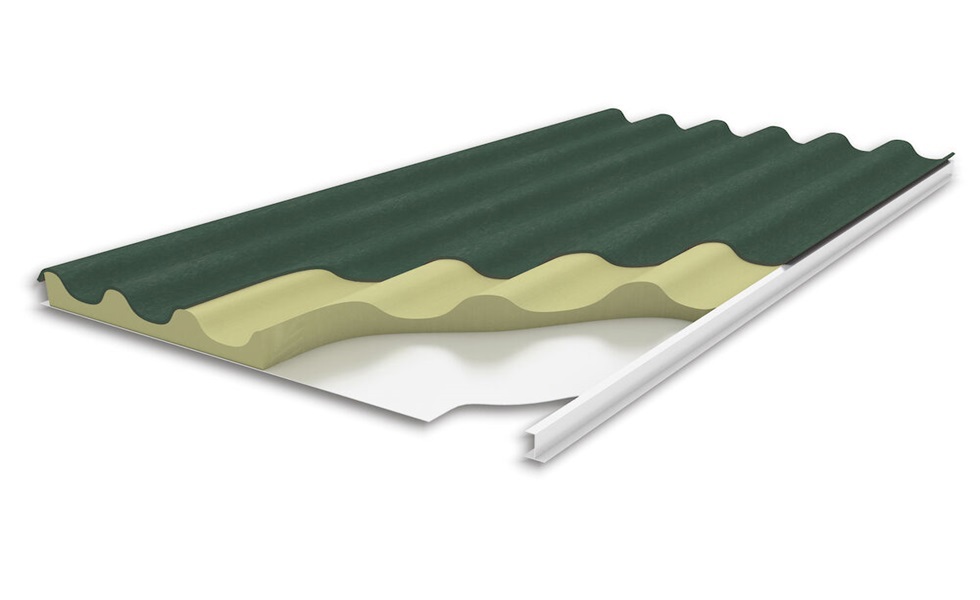 El panel sándwich Agrotherm+ está compuesto por una placa Granonda de fibrocemento, aislamiento de poliuretano inyectado en molde de 40 kg/m3 de densidad y acabado interior de poliéster blanco.