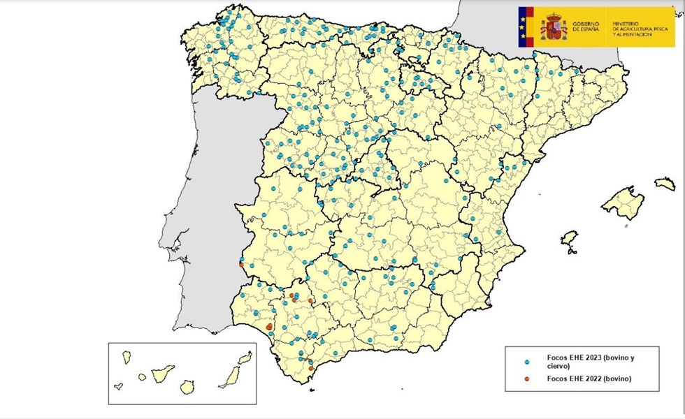 Comarcas afectadas por EHE en España en años 2022 y 2023.